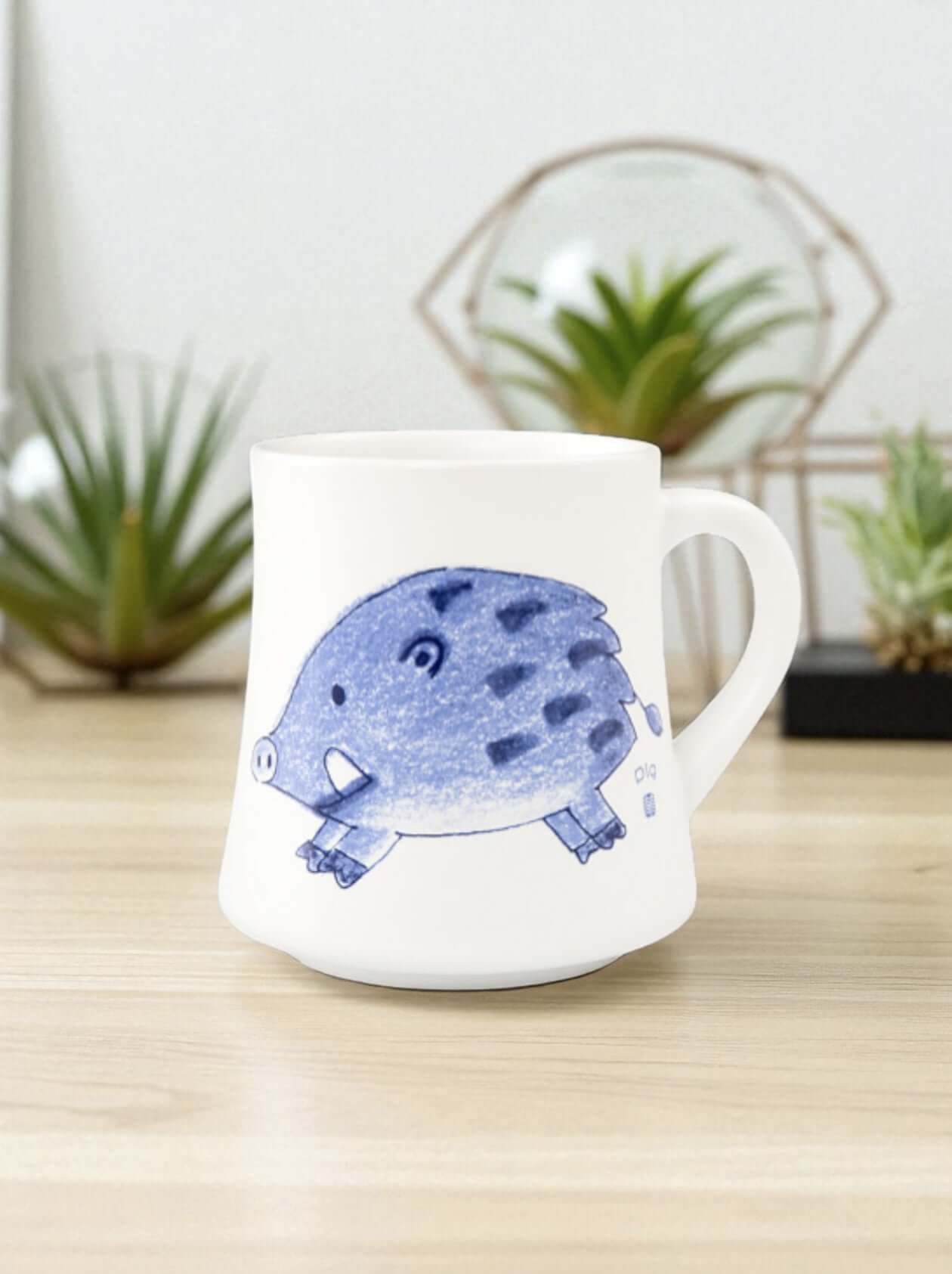 Mavolux handcrafted porcelain mug and plate set featuring a sketched boar illustration. Modern white ceramic cup and saucer with Tokyo-style art, made in Yingge Taiwan.