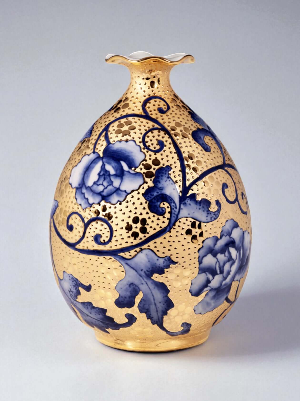 Mavolux handcrafted porcelain vase in vibrant azure blue with 24K gold gilding. Luxury home decor centerpiece made in Yingge Taiwan, perfect for refined living.