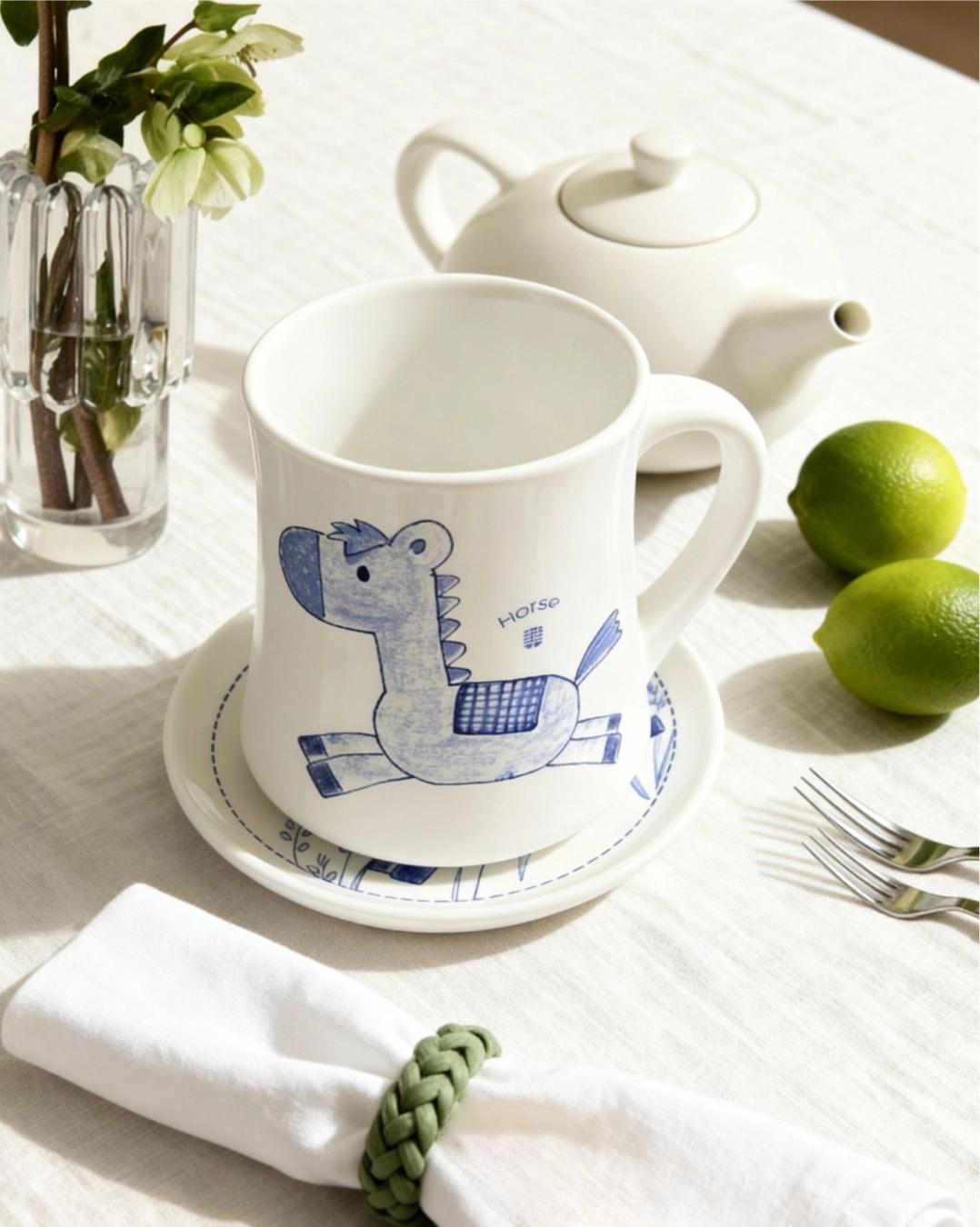 Mavolux handcrafted porcelain mug and plate set featuring a black sketch-style horse illustration. Modern white ceramic cup and saucer made in Yingge Taiwan.