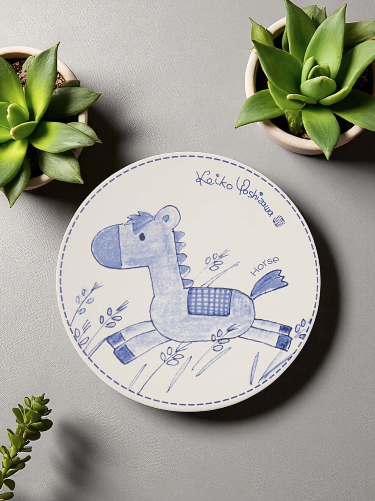 Mavolux handcrafted porcelain mug and plate set featuring a black sketch-style horse illustration. Modern white ceramic cup and saucer made in Yingge Taiwan.