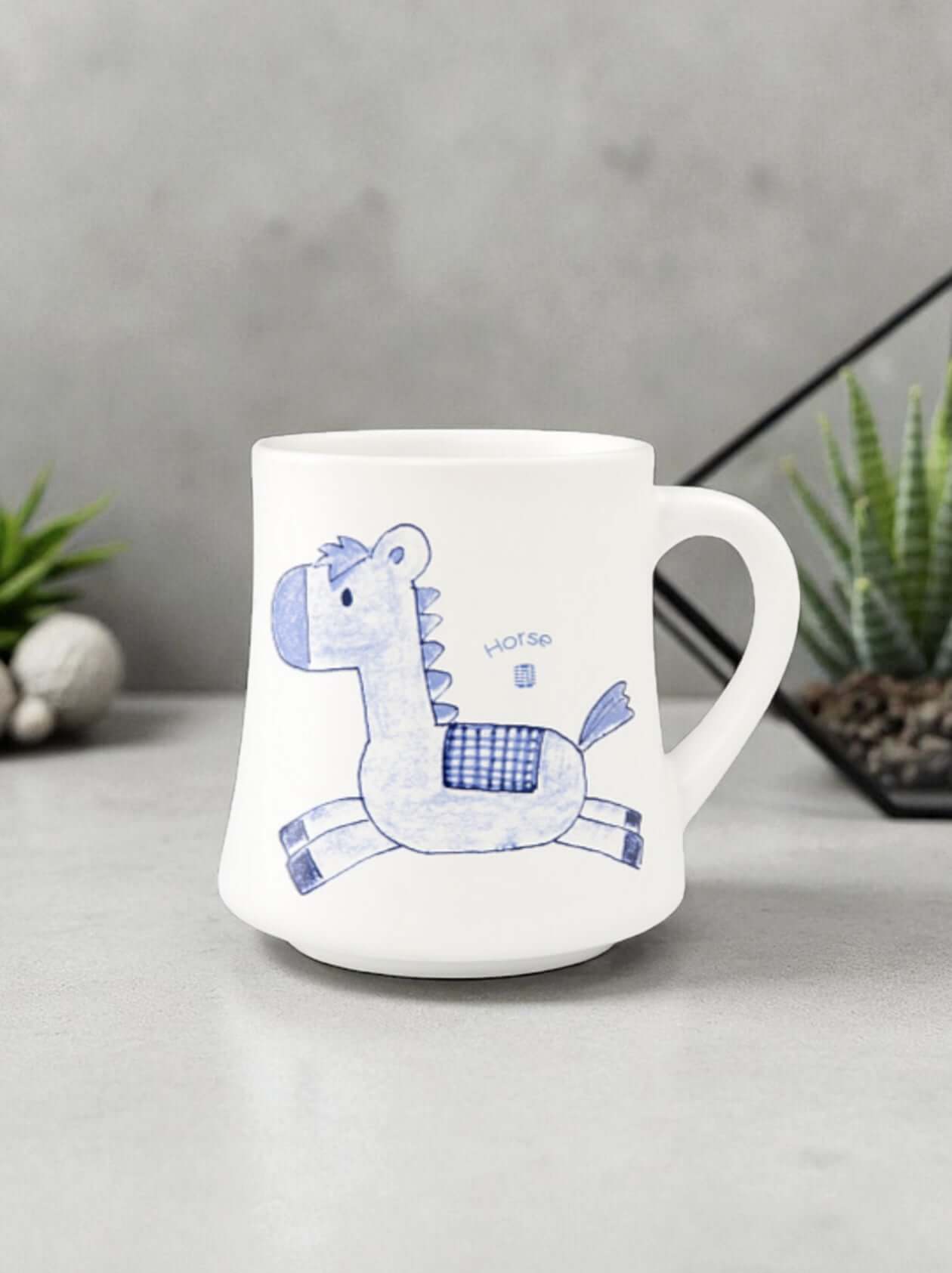 Mavolux handcrafted porcelain mug and plate set featuring a black sketch-style horse illustration. Modern white ceramic cup and saucer made in Yingge Taiwan.