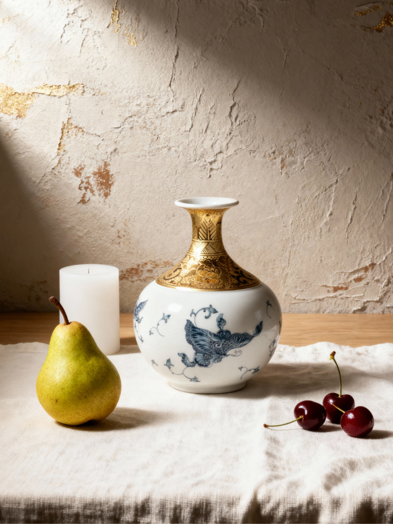 Mavolux handcrafted porcelain vase in ivory-crackle glaze featuring delicate butterfly motifs and German 24K gold accents. Luxury 6-inch ceramic centerpiece made in Yingge Taiwan, symbolizing joy and transformation.