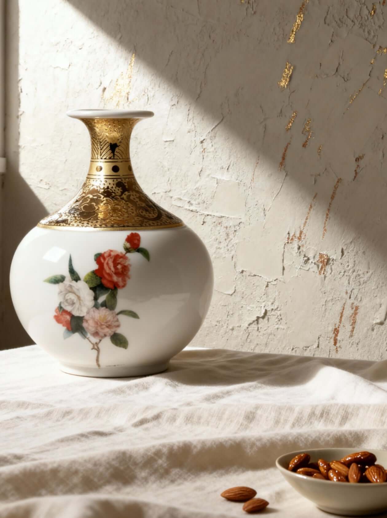 Mavolux handcrafted porcelain vase in ivory-crackle glaze with delicate floral motifs and 24K gold gilding. Luxury ceramic centerpiece made in Yingge Taiwan, creating a vintage elegant look.