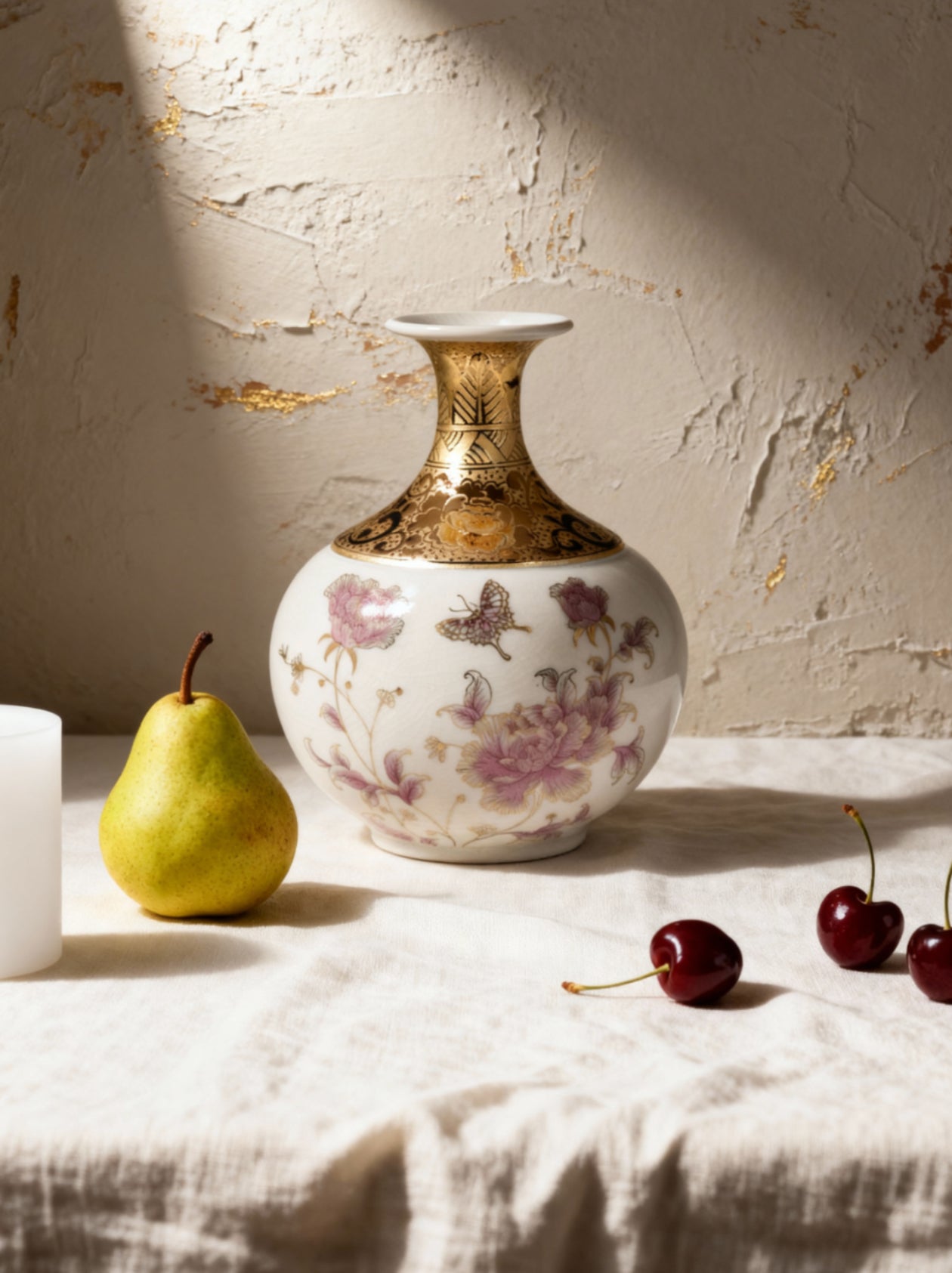 Mavolux handcrafted porcelain vase in ivory-crackle glaze featuring elegant peony motifs and German 24K gold accents. Luxury ceramic centerpiece made in Yingge Taiwan, symbolizing prosperity and honor.