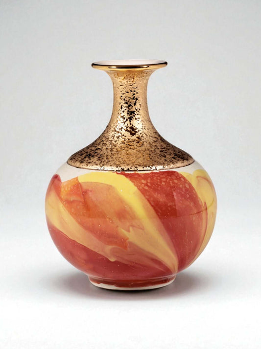 Mavolux handcrafted porcelain vase featuring a subtle light ink-splash design with German 24K gold accents. Elegant 6-inch ceramic centerpiece made in Yingge Taiwan, perfect for refined home decor.