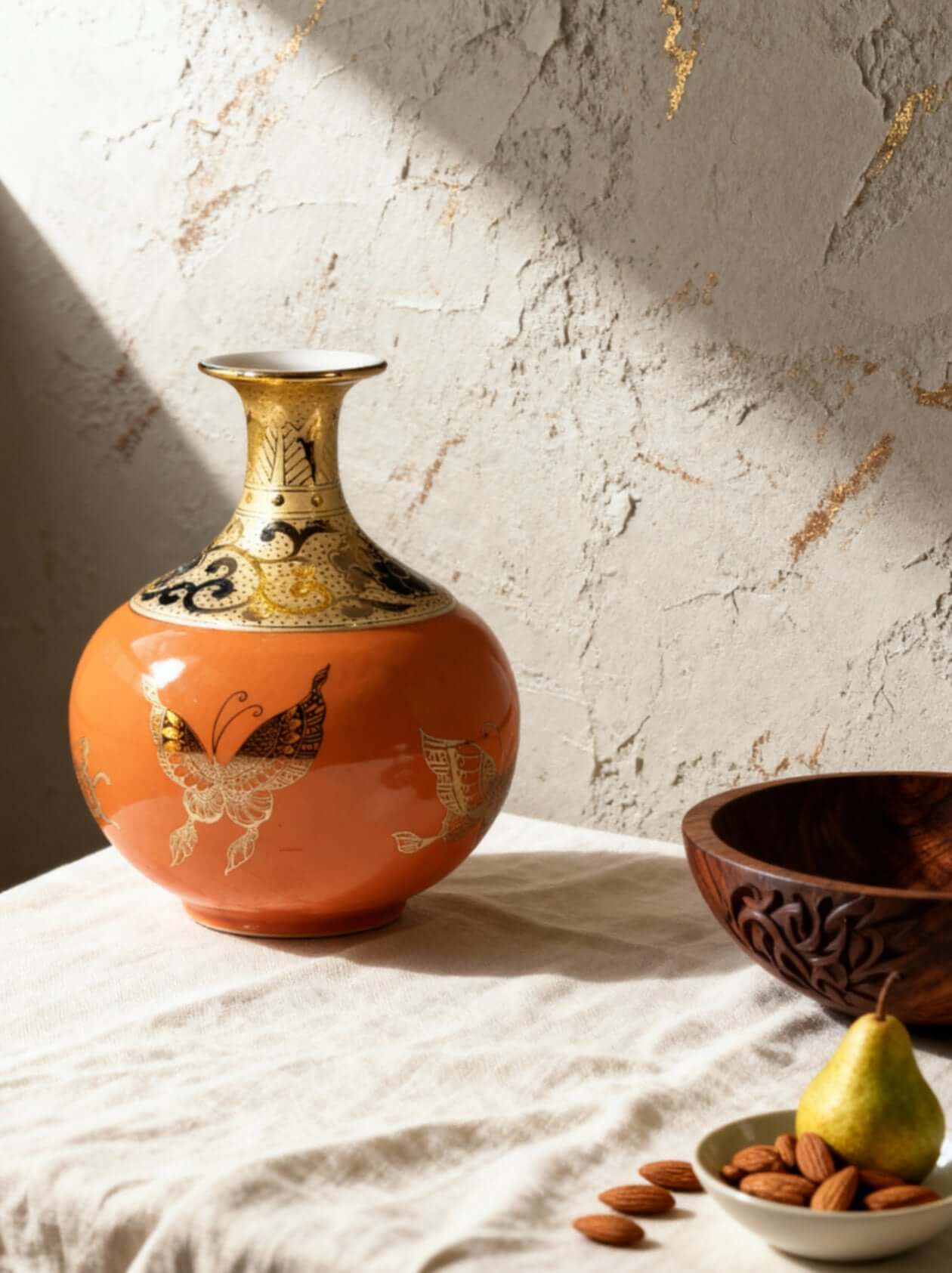 Mavolux handcrafted porcelain vase in vibrant orange glaze featuring delicate butterfly motifs and 24K gold gilding. Luxury ceramic centerpiece made in Yingge Taiwan, creating a warm and elegant atmosphere.